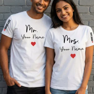 Personalised Mr and Mrs couple t-shirts with custom names, perfect for pre-wedding photoshoots and anniversary gifts.