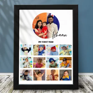 Personalised My First Year baby photo collage wall frame with name and 12 monthly milestone photos, perfect for first birthday keepsake or gift.