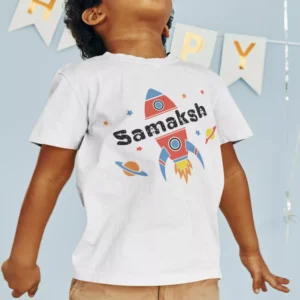 Personalised rocket birthday kids T-shirt with name from divine bonds