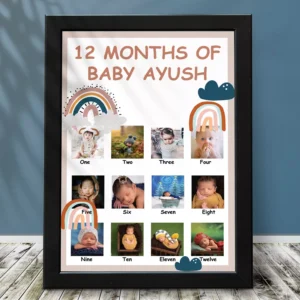 Personalized 12 months baby photo frame with rainbow theme first year collage and custom name for first birthday gift