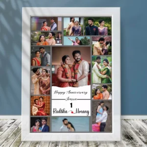 Personalized anniversary collage frame with multiple couple photos, names, and date in elegant white frame