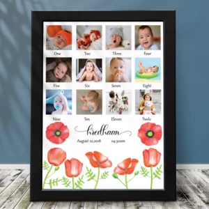 Personalized baby first year 12 month photo collage frame with name and birth details