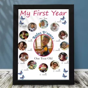 Personalized baby first year photo frame with 12 month milestone collage and custom name