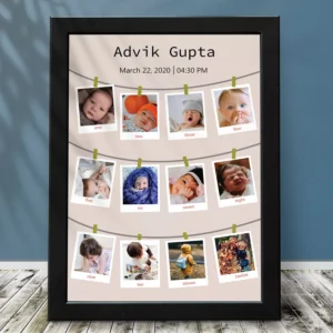 Personalized baby first year photo frame with 12 month collage and custom name for first birthday gift
