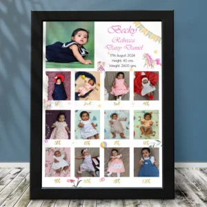Personalized unicorn themed baby girl first year photo collage frame with 12 month pictures