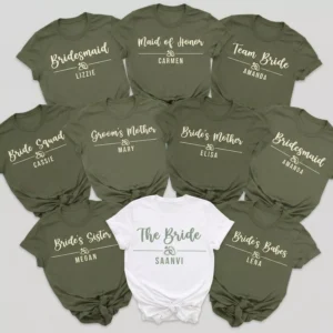 Personalized bride and bridesmaid matching shirts with custom names for wedding party and bachelorette outfits