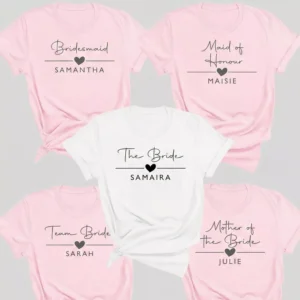Personalized bride squad shirts for bride, bridesmaid, maid of honor, and team bride in matching bachelorette party t-shirts
