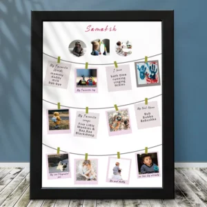 Personalized first birthday milestone board with baby photos, memories, and custom details in a framed collage design.