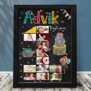 Personalized chalkboard first year baby photo frame with 12 month collage and birthday theme