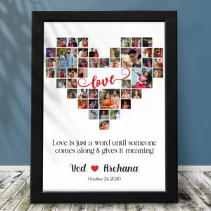 Personalized heart-shaped photo collage frame with couple photos, names, and anniversary date.