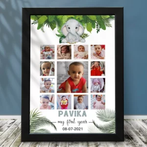 Personalized jungle theme baby first year photo collage frame with elephant design and 12 monthly photos