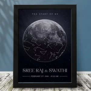 Personalized moon phase star map frame with custom names and date for couples