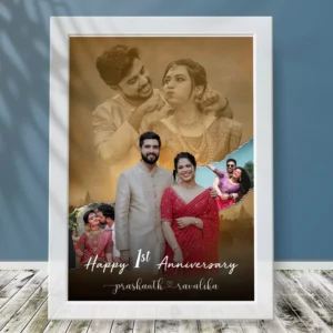 Personalized wedding anniversary photo frame with couple photo collage and custom names