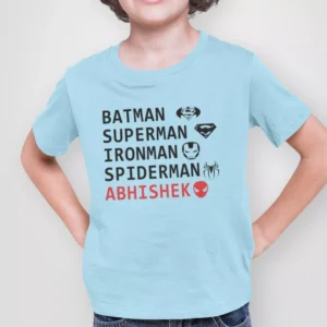 Superhero theme personalized name kids T-shirt in blue