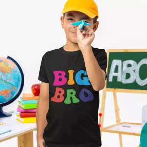 Kid wearing a black t-shirt with colorful Big Bro typography design, ideal for sibling announcement